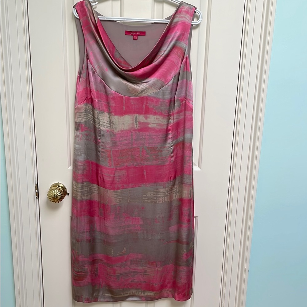 Jacques Vert sz 18 Pink Gray Taupe Greige Midi Dress 100% silk Phoebe Buffay